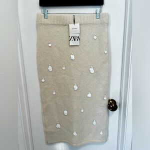NWT Zara Cream Midi Skirt With  White Detailing